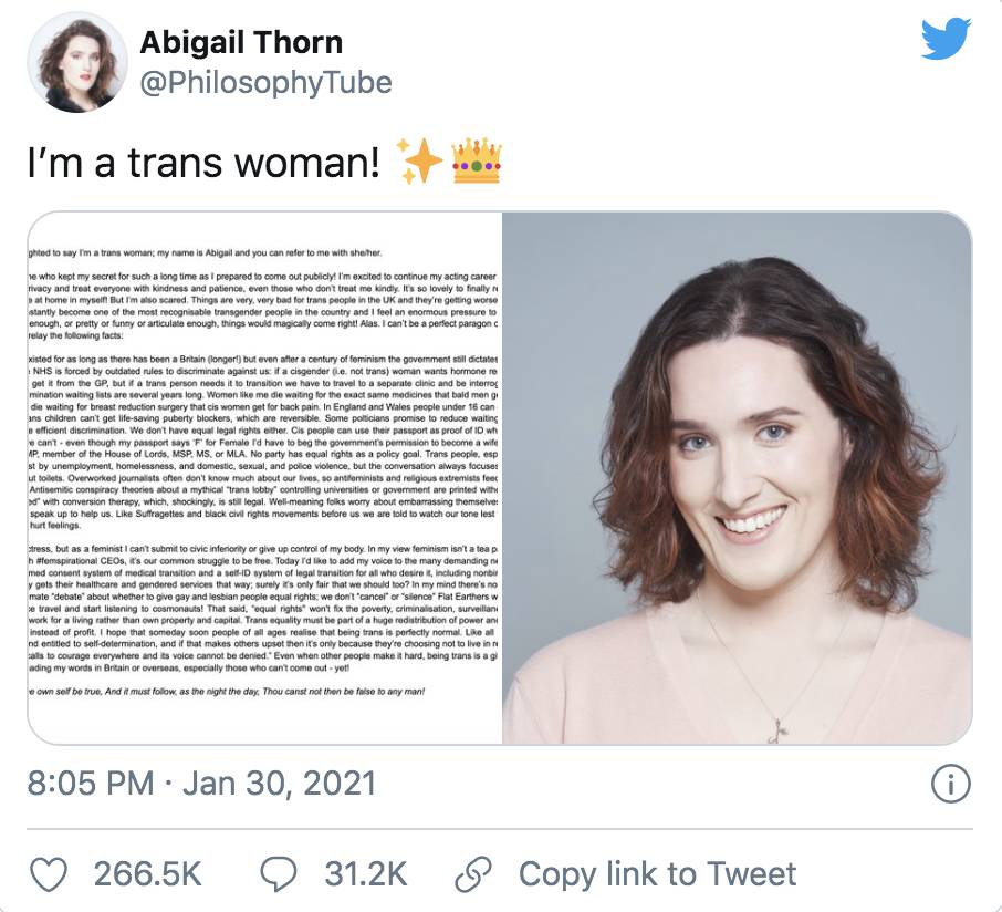 Philisophy Tube Creator And Actress Abigail Thorn Comes Out As Trans